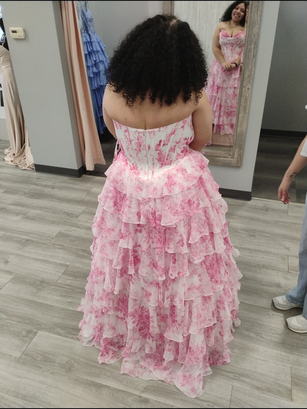 Curvy Pink Floral Ruffle Prom Gown - Picture 3 of 3